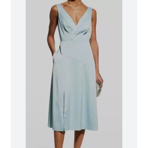 NEW Aidan Mattox V Neck Satin Midi Dress Size 16 Pleated Blue Green Pockets - Picture 2 of 12